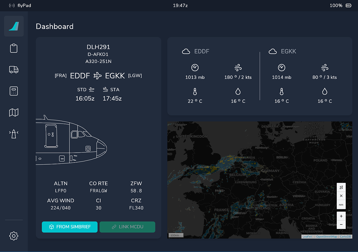 flyPad showing route, weather and map